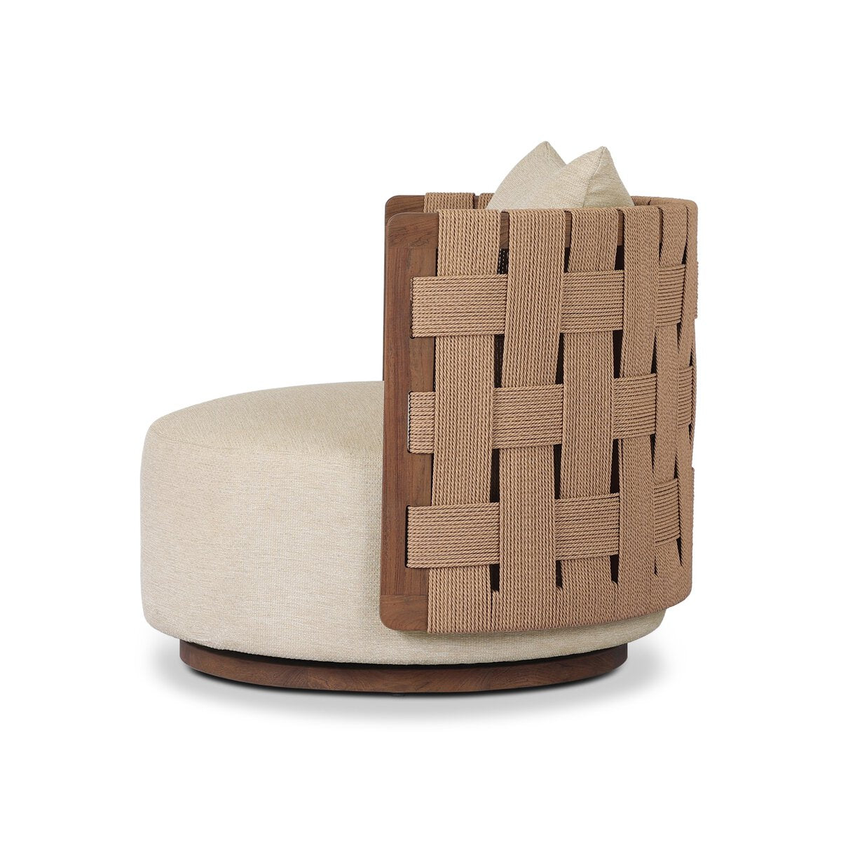 The Burch Outdoor Chair is a modern round lounge chair with light beige cushions, an open woven pattern of wide tan straps on a wooden frame, and a low circular base. It measures 33"h x 34.25"w x 33.5"d.