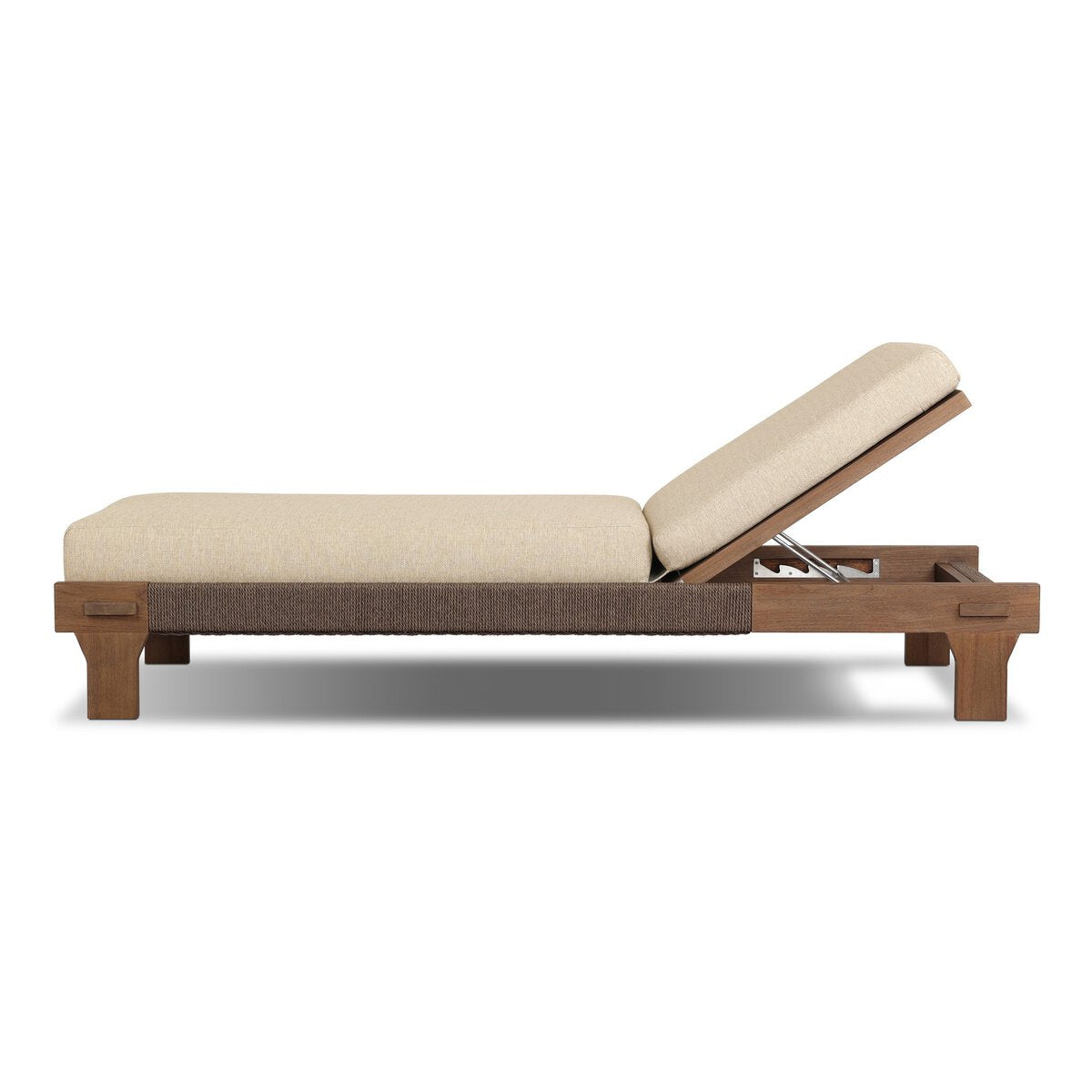 The Solid Teak Outdoor Chaise features a white UV-resistant cushion, making it perfect for relaxing outdoors in comfort and style.