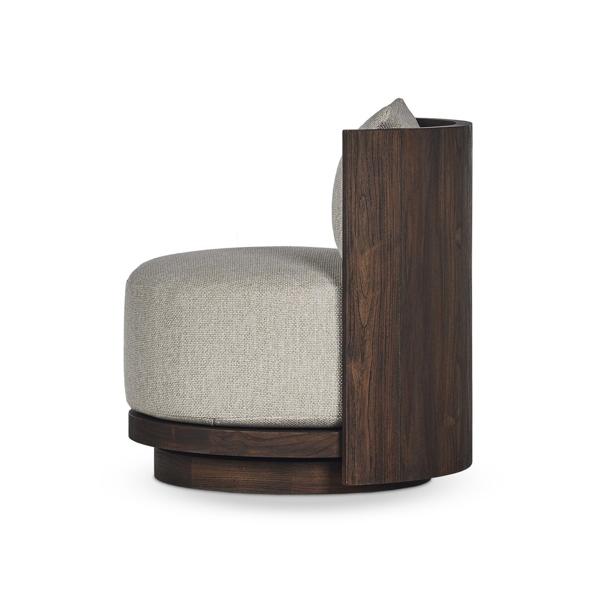 The Outdoor Swivel Chair features a modern round design with a thick light gray Italian upholstered seat and backrest, curved dark wooden frame and base, shown from the side on a white background.