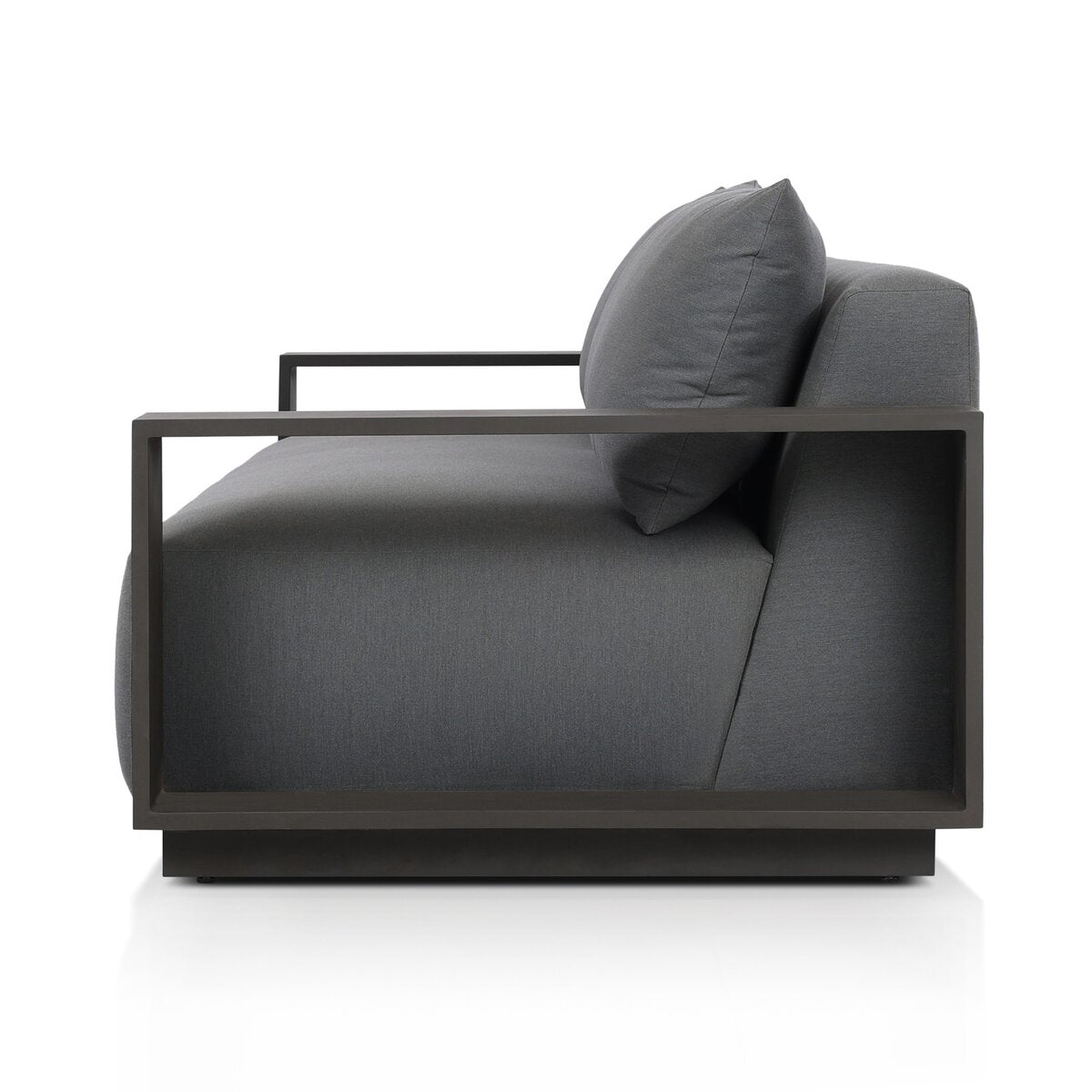 Side view of the Heavy Metal Framed Outdoor Sofa in dark gray, showcasing robust metal armrest and base with thick seat and back cushions, displayed against a white background.