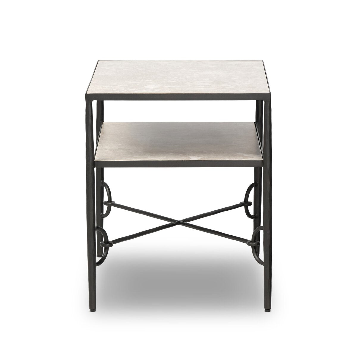 The Hammered Gunmetal Nightstand features a modern metal frame, light-toned tabletop, matching lower shelf, decorative side metalwork, and an X-shaped support for stylish stability.