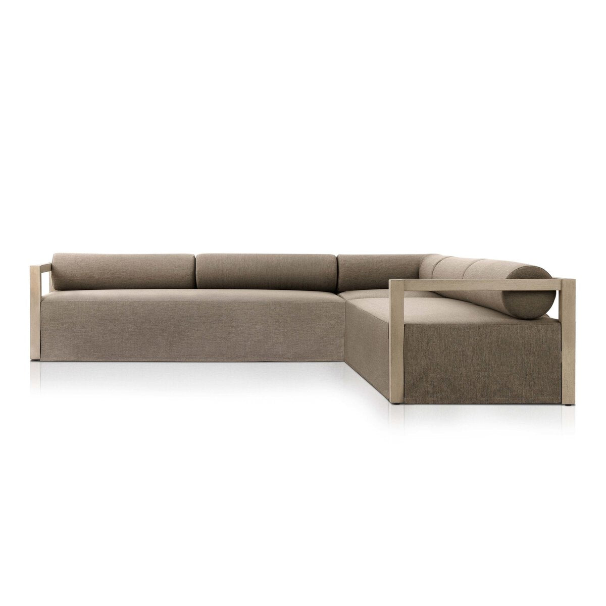 The Bolster Back Outdoor Sectional features light brown antimicrobial fabric, a modern L-shaped design, low backrests, and wooden armrests, displayed against a white background.