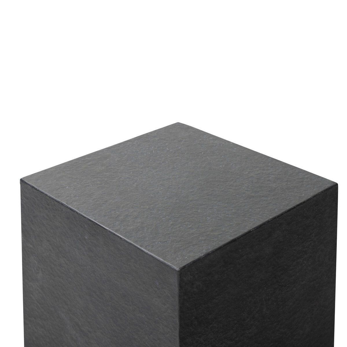 A close-up of the Distressed End Table shows its smooth, dark gray graphite concrete top and sides against a white background—ideal for both indoor and outdoor use.