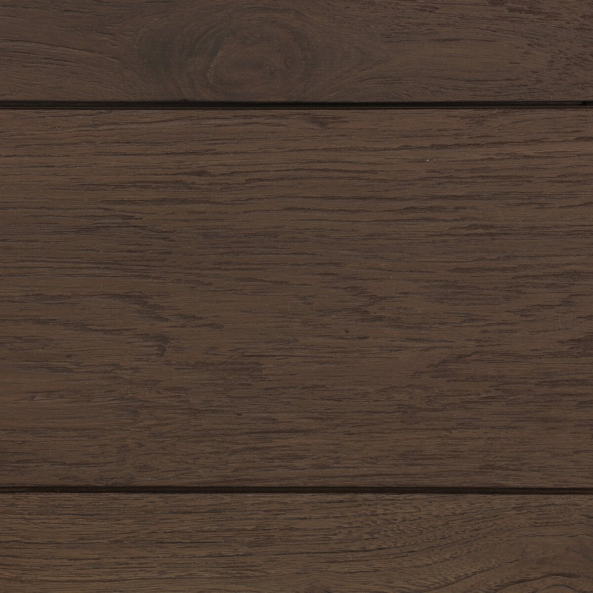 The Outdoor Chunky Round End Table features dark brown reclaimed teak wood planks with a natural grain pattern and horizontal grooves, creating a rustic and textured surface.