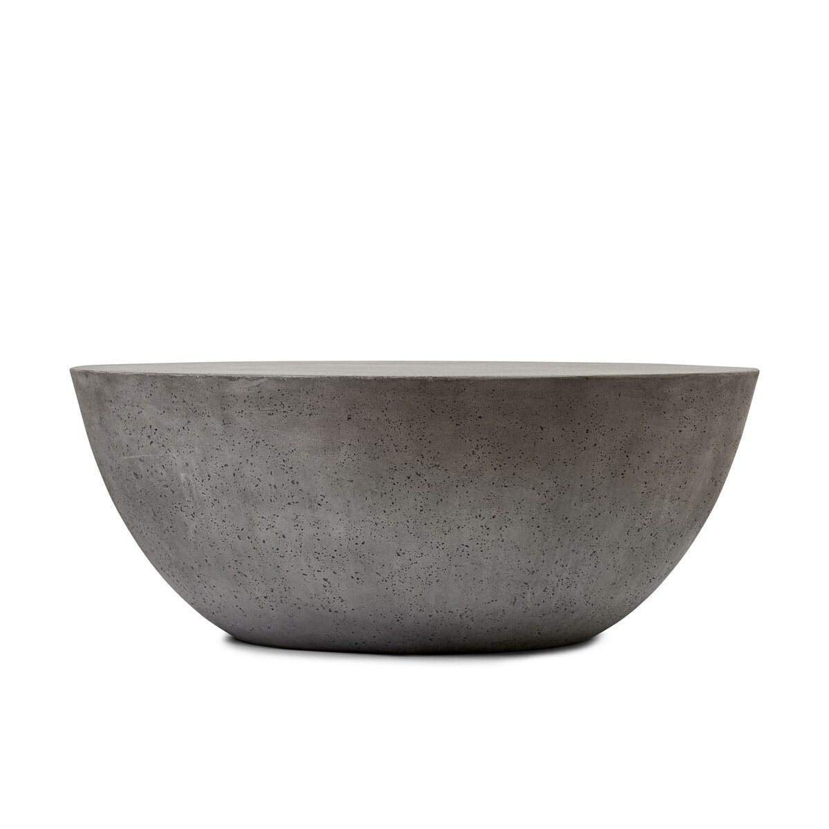 The Concrete Bowl Shaped Outdoor Coffee Table features a large, round, gray design with a smooth, slightly speckled finish, displayed against a plain white background.