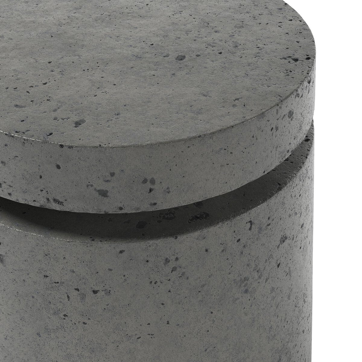 A close-up of the Outdoor Round Propane Enclosure, a stone cylinder that functions as an outdoor end table or hides a propane tank—perfect as a functional fire table accessory.