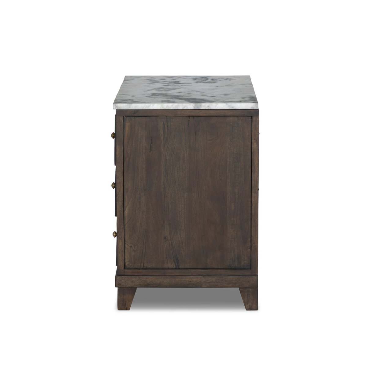The French Nightstand features a dark-finished solid mango wood frame, white marble top, short legs, and visible left-edge drawer handles for a simple, vintage look.