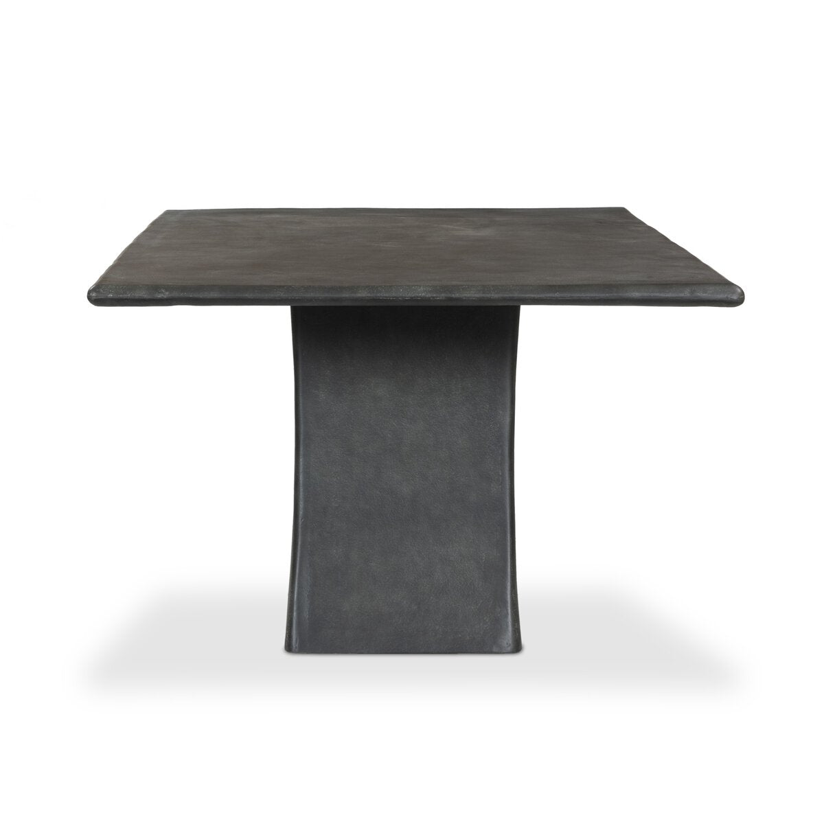 The Tapered Pedestal Base Outdoor Table is a square, aged grey aluminum piece with a smooth top and a wide, subtly curved pedestal base, shown against a plain white background.