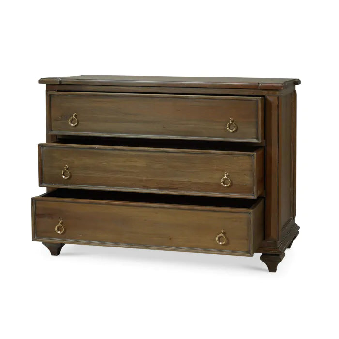 The 3 Drawer Dresser features three drawers—top closed, middle and bottom open—with two round metal ring handles on each. It stands on short legs and measures 47 x 22 x 35, making it ideal for various product size needs.