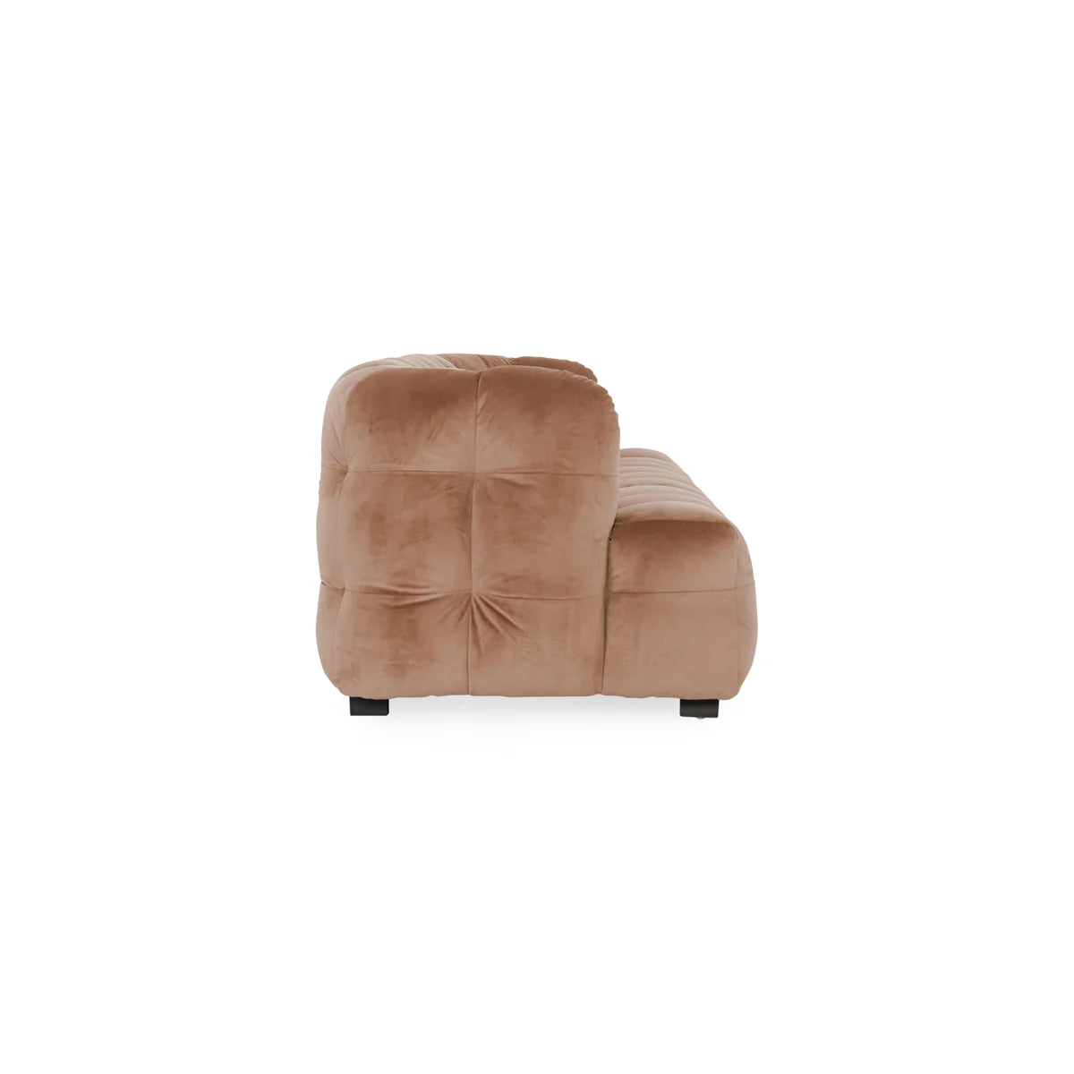 Side view of the Velvet Sofa, featuring plush light brown tufted velvet upholstery, a low profile, short black legs, and a subtle vintage design set against a plain white background.