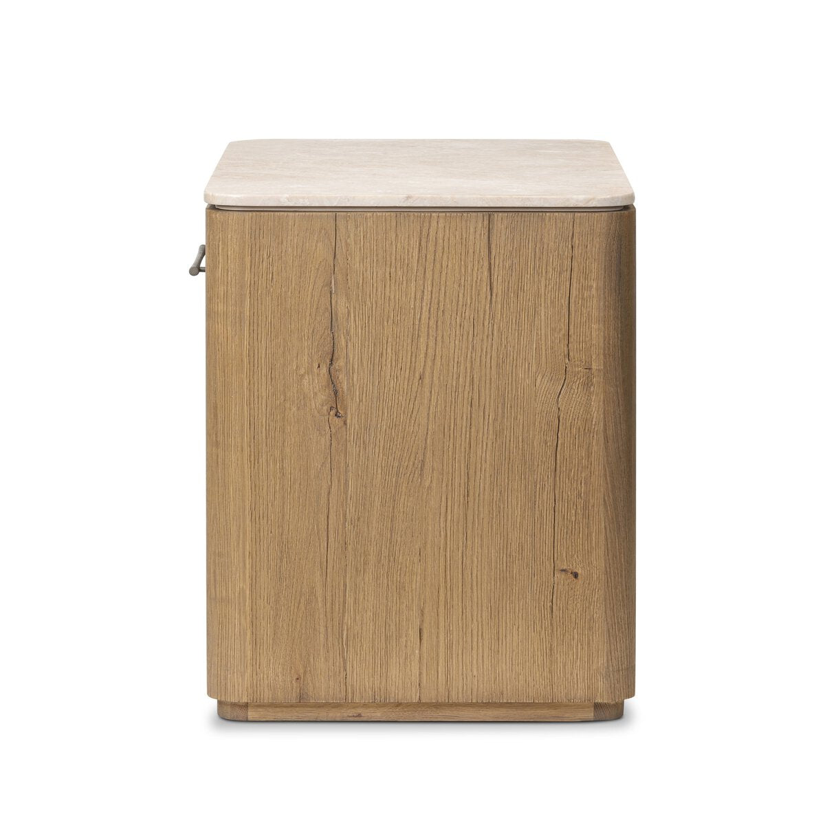 The Marble Top Nightstand is a rectangular oak cabinet with a light beige marble top, clean lines, minimal hardware, and a natural wood grain front, offering a timeless, understated look.