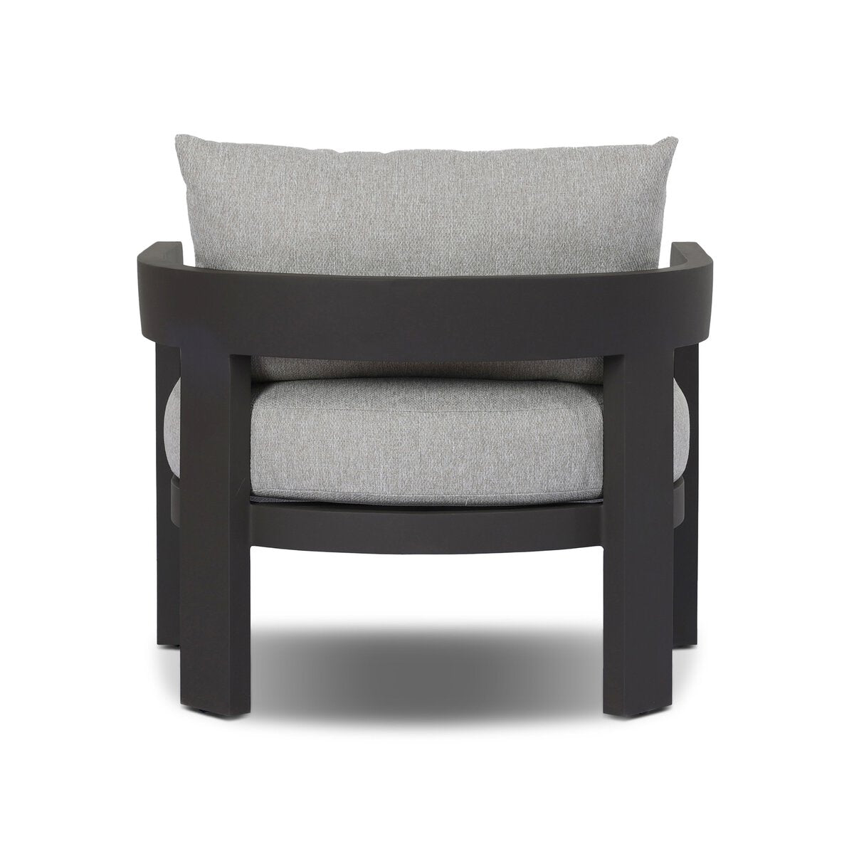 The Outdoor Metal Chair features a sleek black frame and light gray upholstery on the seat and backrest, displayed from the back with a modern design against a white background.