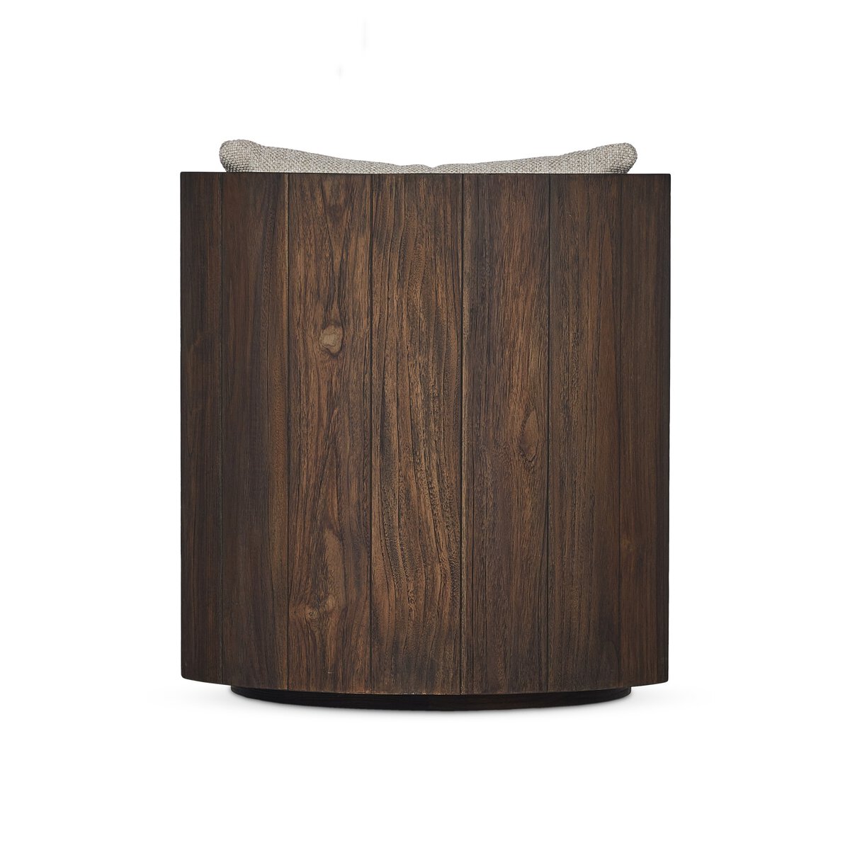 The Outdoor Swivel Chair features a round wooden frame with a vertical grain pattern and 360° rotation. Shown from behind, its elegant gray Italian-upholstered cushion peeks over the top against a plain white background.