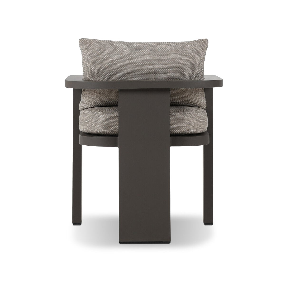 The Three Legged Outdoor Dining Chair features a dark wooden frame with a central wide vertical support and light gray high-performance fabric cushions, shown against a white background.
