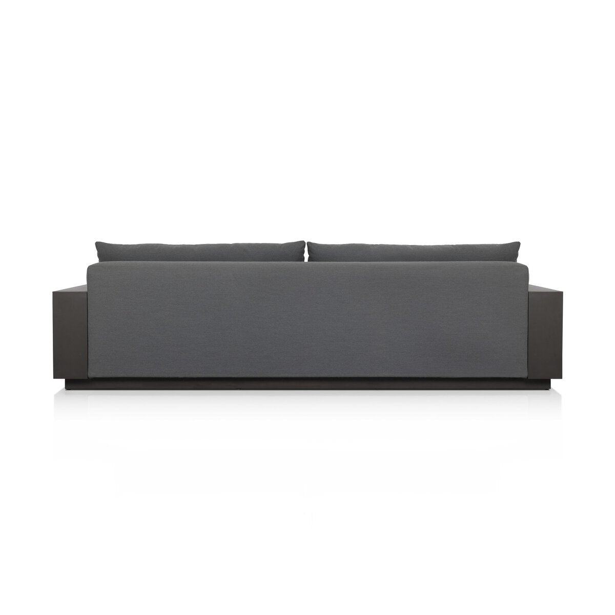 The Heavy Metal Framed Outdoor Sofa is a modern, rectangular piece in dark gray with clean lines, heavy metal framing, two large back cushions, and wide solid armrests, shown from the back against a plain white background.