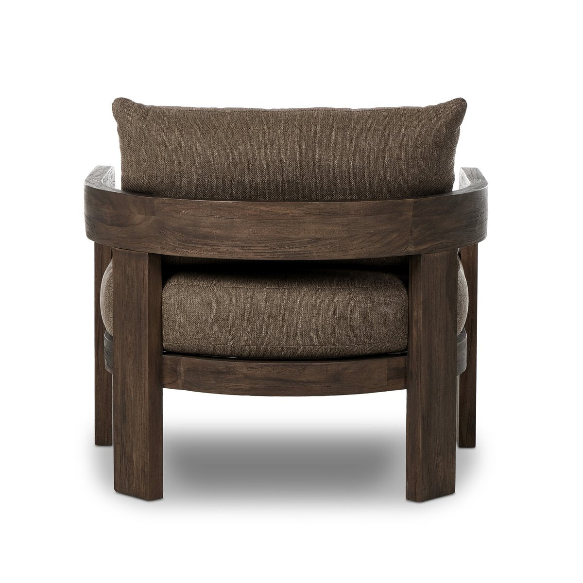 The Barrel Back Outdoor Chair features teak framing and includes a cozy pillow for added comfort.