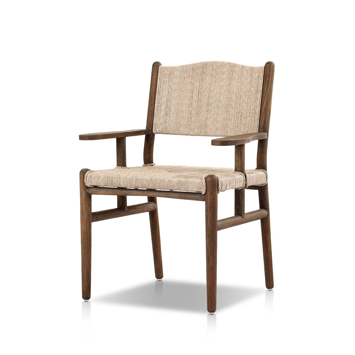 The Herrin Outdoor Dining Armchair features a natural wood finish, straight legs and armrests, a woven beige seat and backrest, modern design, and overall dimensions of 26.00"w x 23.00"d x 34.75"h.