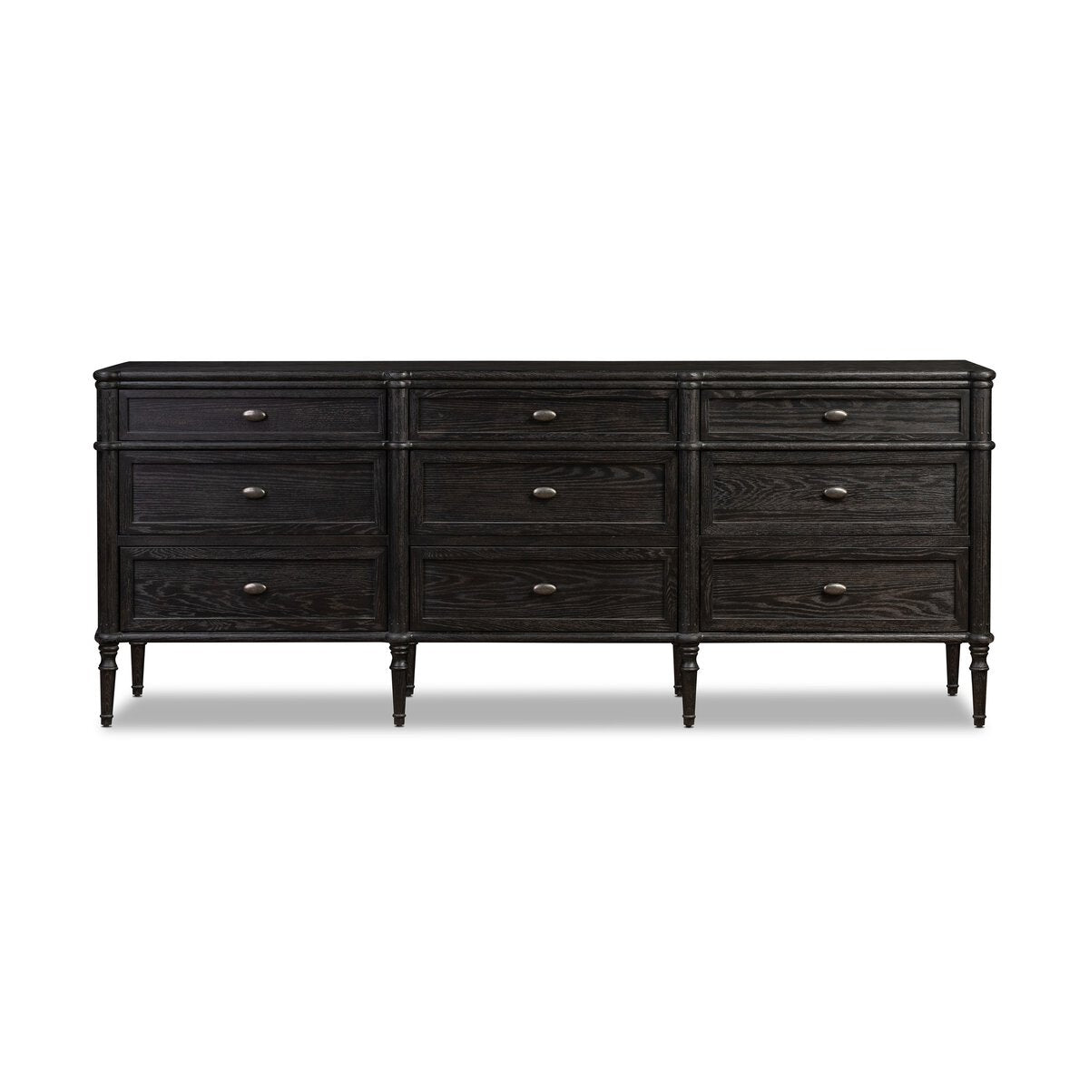 The European 9 Drawer Dresser features dark toasted oak, metal knobs, classic design, and tapered legs—ideal for elevating any modern bedroom furniture collection.