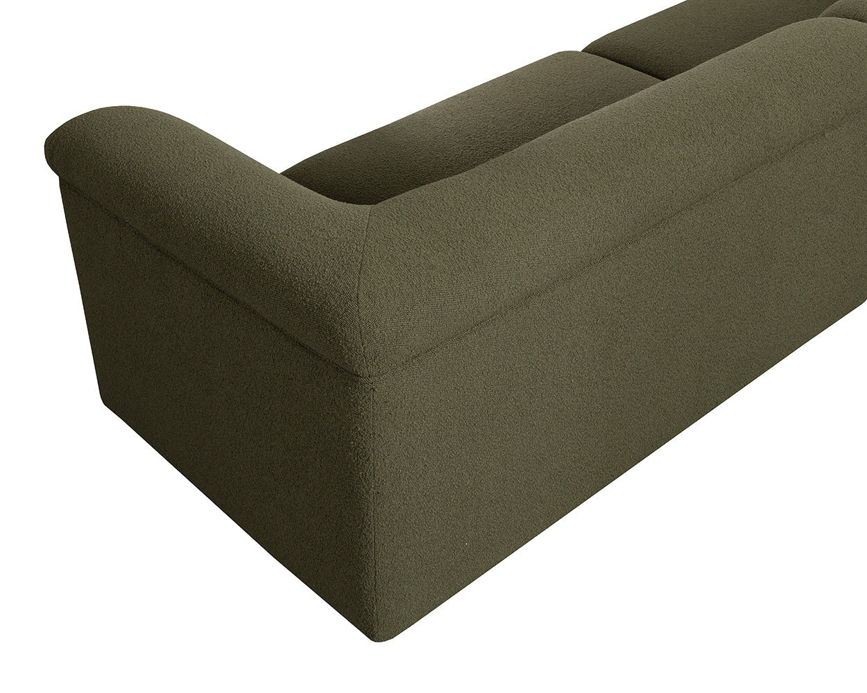 Back view of the Curved Upholstered Sofa in olive green, featuring smooth, rounded edges and plush cushioning on a modern wooden frame, set against a white background for a stylish, elegant look.