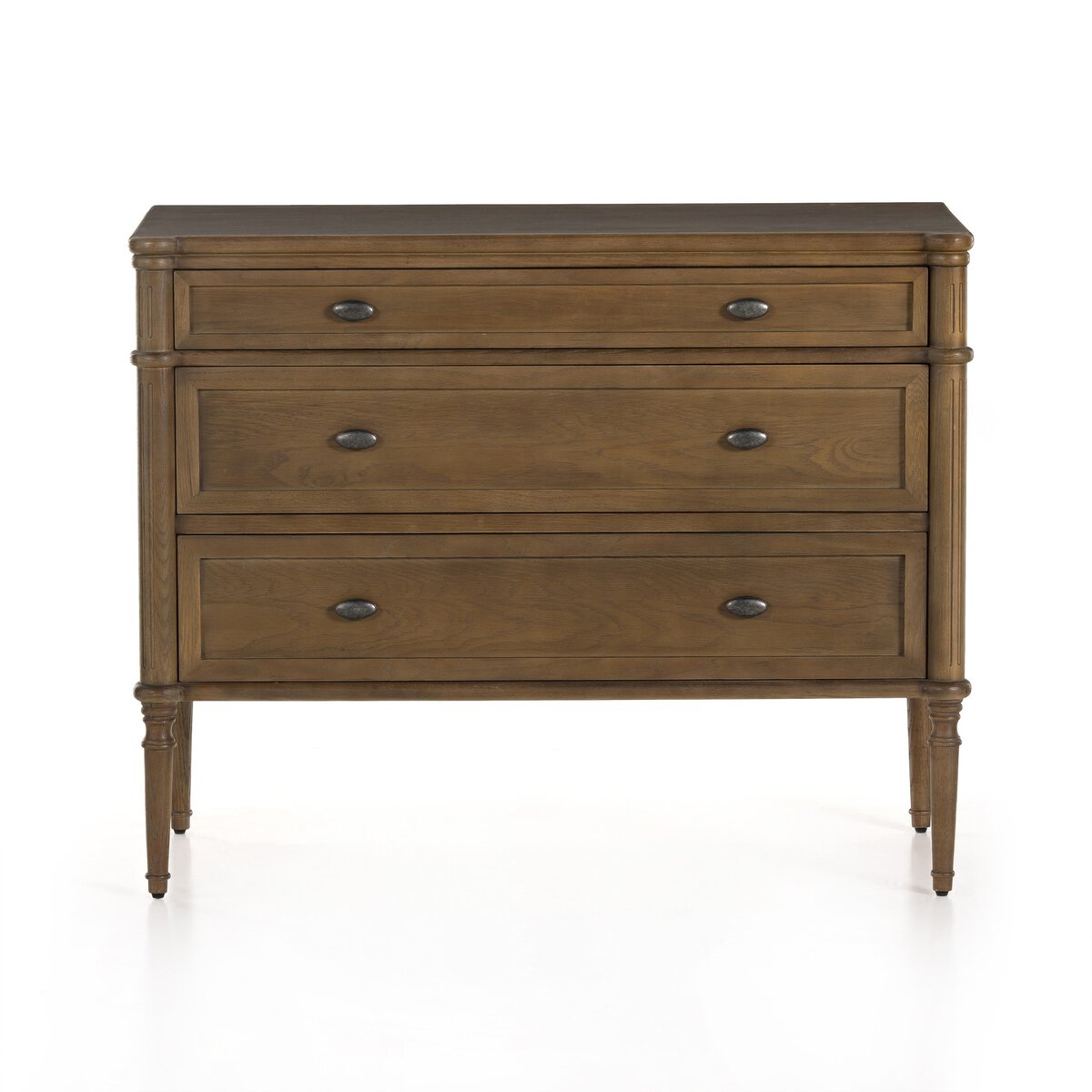 The European 3 Drawer Dresser features a wooden oak veneer, three distressed black drawers with two round metal handles each, classic antique-inspired design, tapered legs, and a warm brown finish.