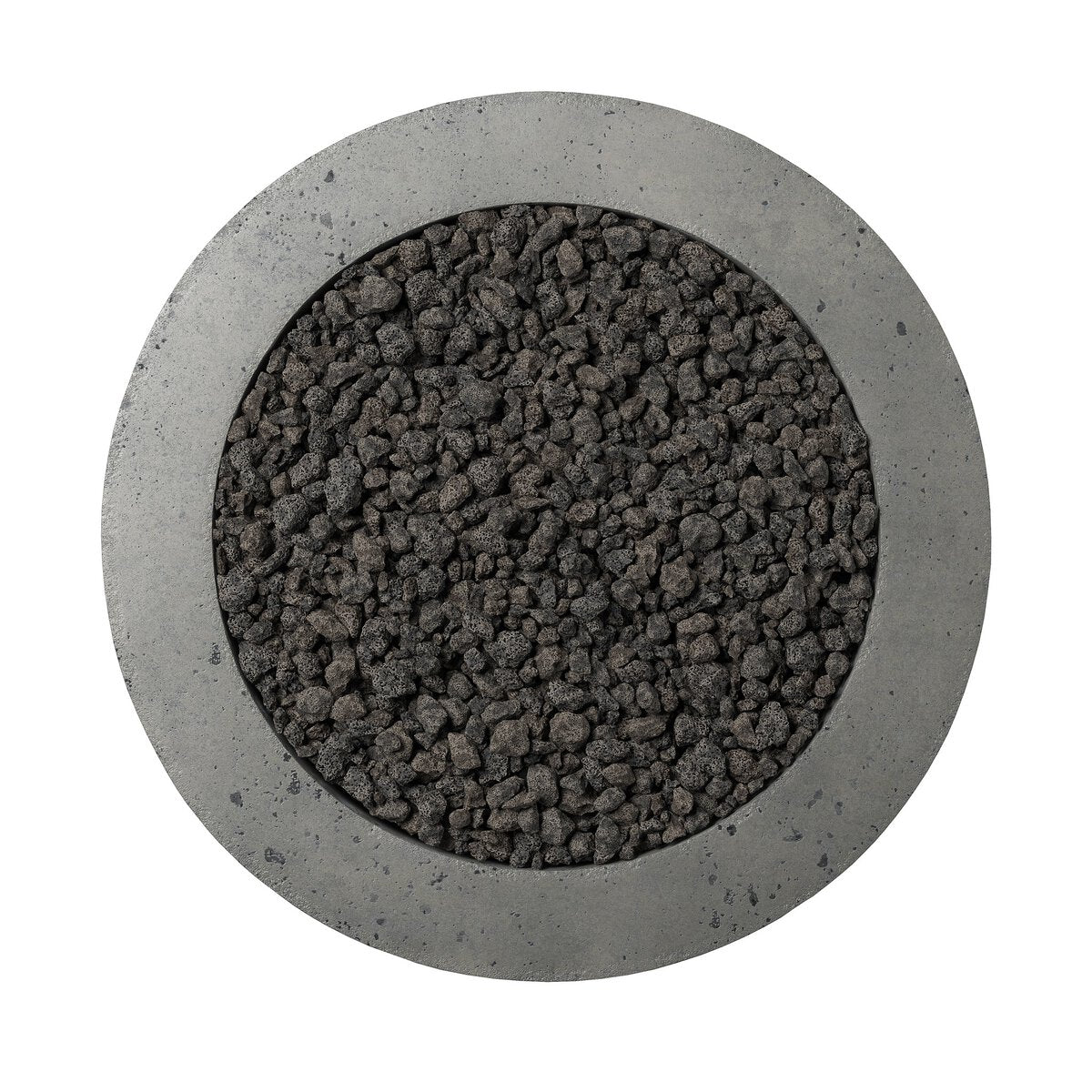 The Domed Outdoor Fire Table is a round, gray piece made of glass-reinforced concrete, featuring small black volcanic rocks and shown from above on a white background.
