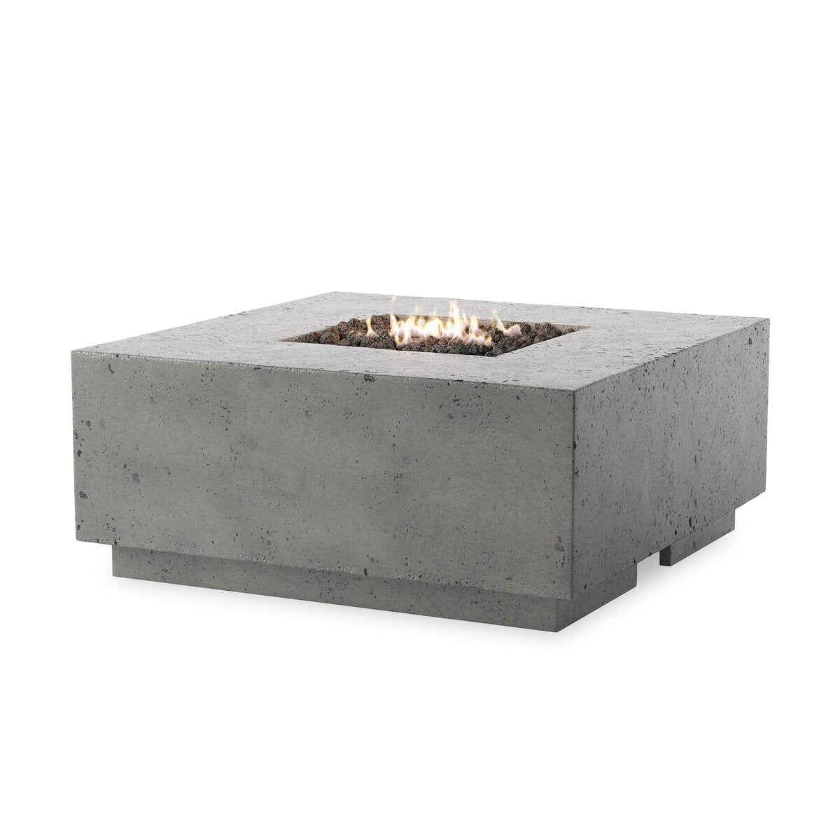 The Square Outdoor FFire Table features a modern minimalist gray design in glass-reinforced concrete, with a central flame and decorative stones. Its square shape stands out beautifully against a plain white background.