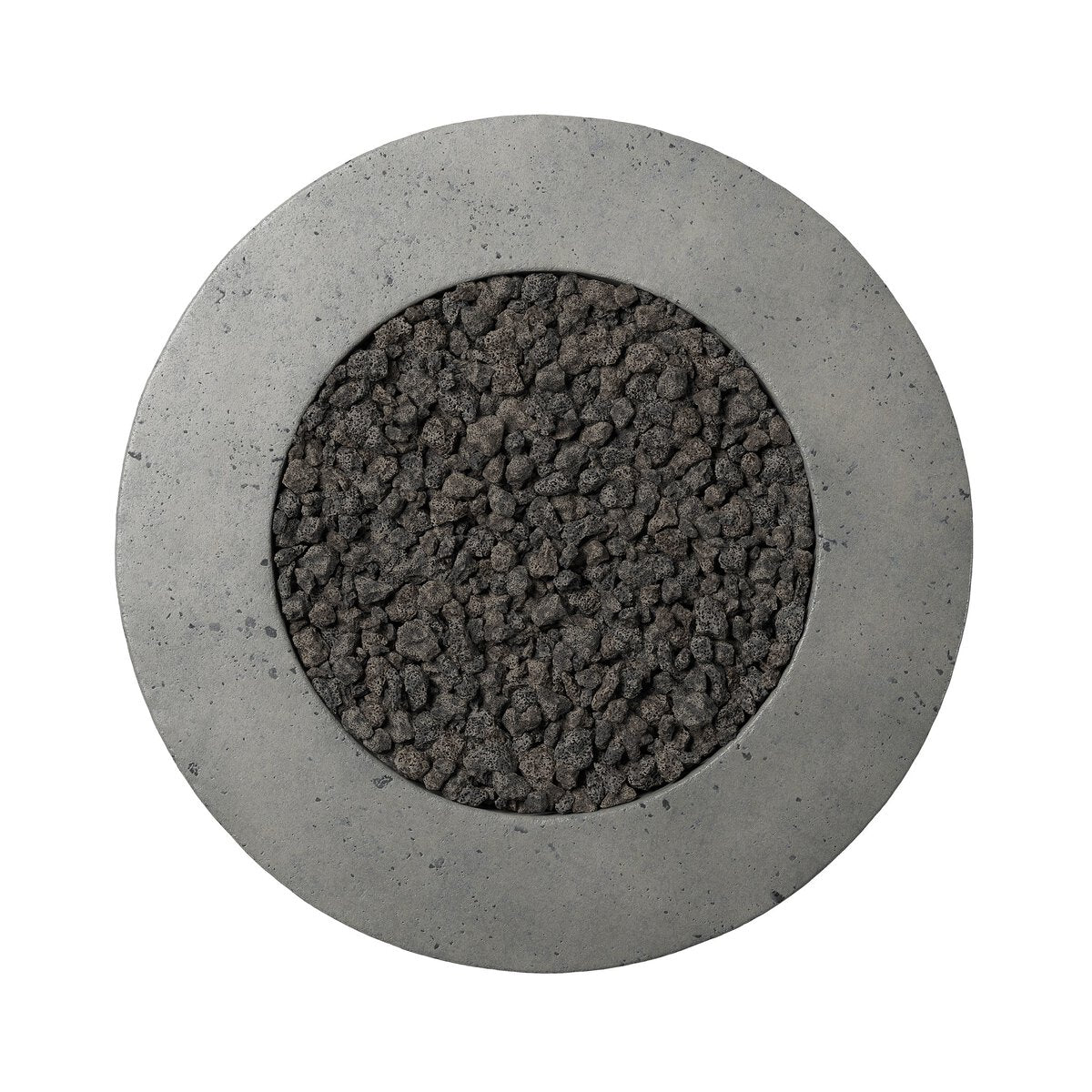 The Round Outdoor Fire Table features a round glass-reinforced concrete planter filled with small, dark lava rocks, shown from above on a white background—ideal for enhancing your outdoor fire pit or patio setup.