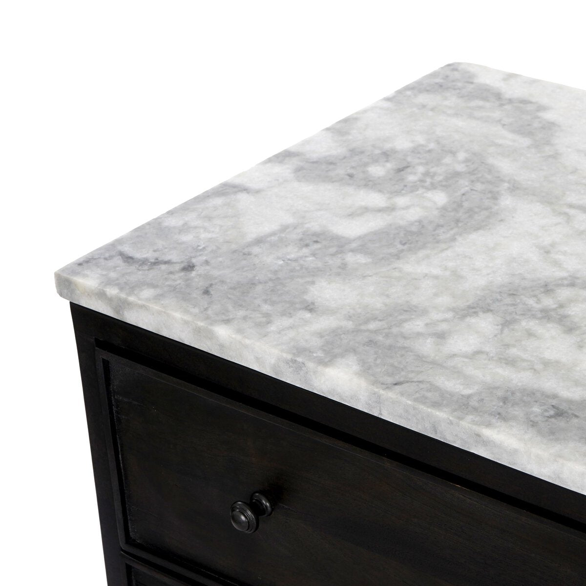 The French Nightstand is crafted from solid mango wood with a black finish and drawer, and features a light gray and white marble top with subtle veining and a smooth texture.