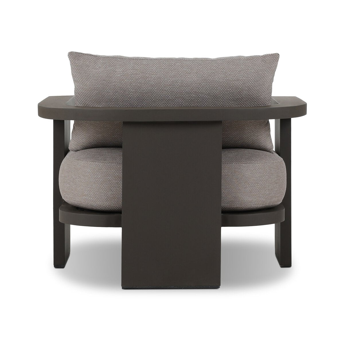 The Three Legged Outdoor Chair features a thick, dark wooden frame, light gray high-performance fabric cushions, and a wide rectangular front panel, shown from the front against a white background.