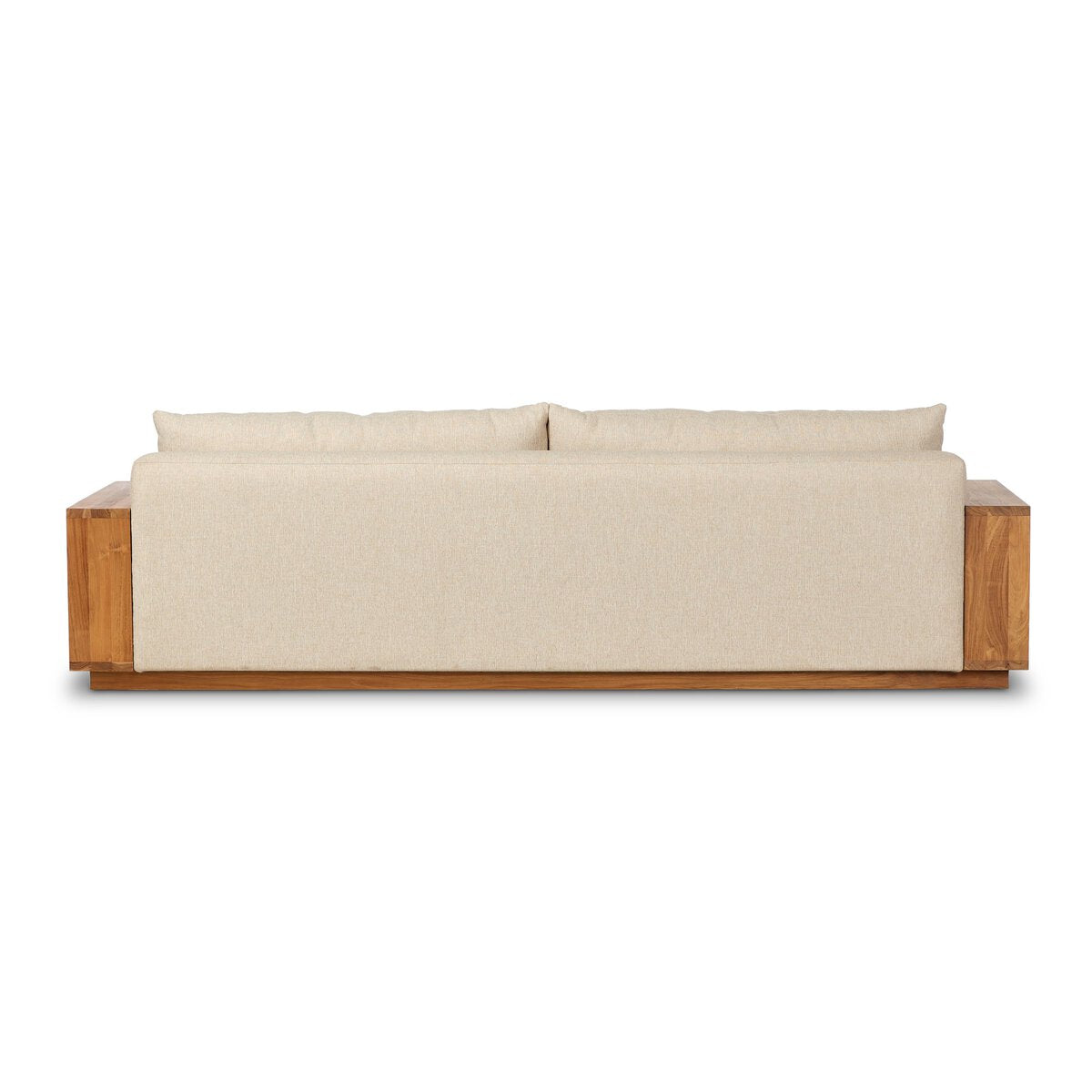 The Heavy Teak Framed Upholstered Outdoor Sofa is shown from the back, featuring beige upholstery, two back cushions, solid wooden sides, and a teak frame with a wooden base against a white background in wide format.