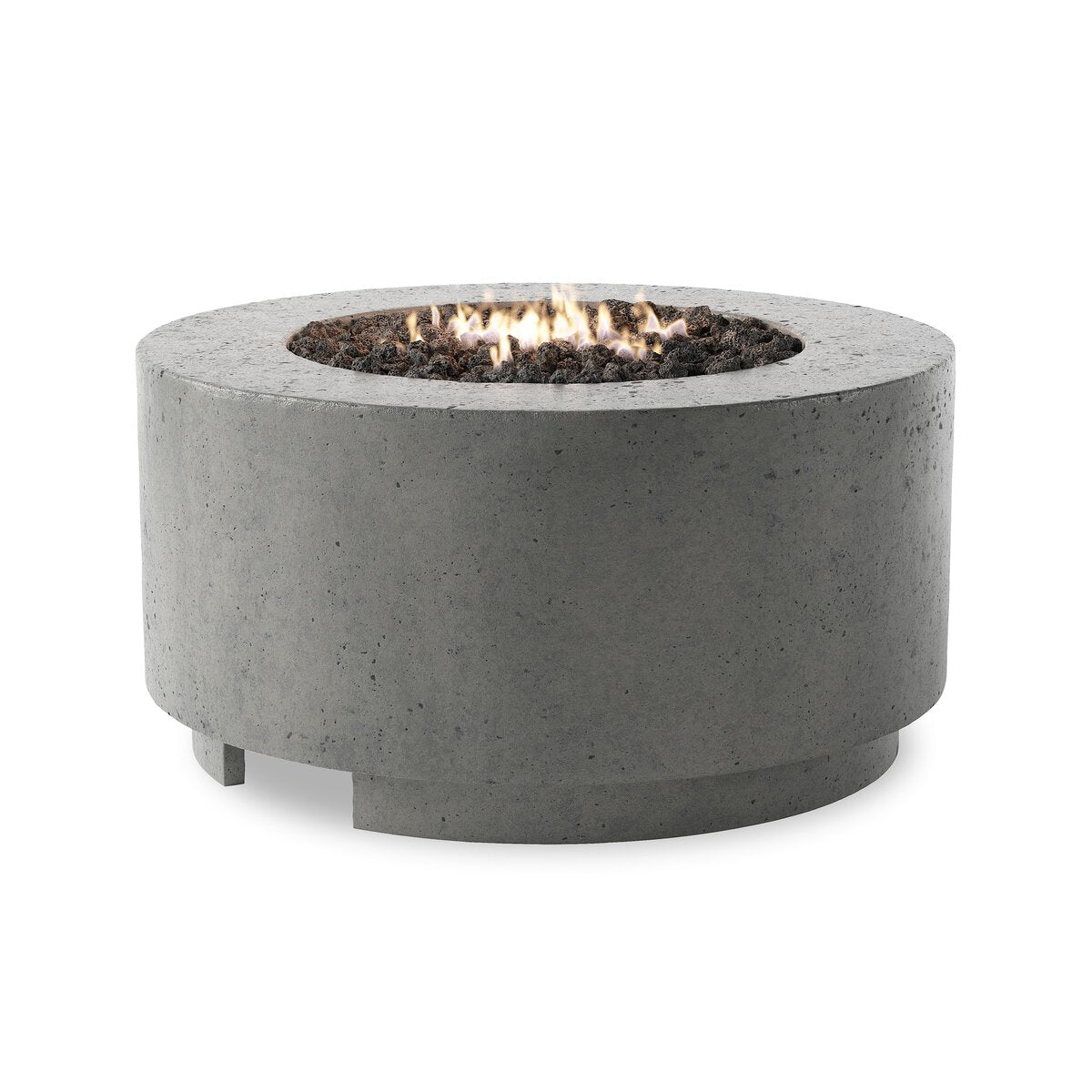 The Round Outdoor Fire Table features a smooth gray glass-reinforced concrete design. Black volcanic rocks in the center create warm, inviting flames, making it perfect for enhancing any outdoor space.