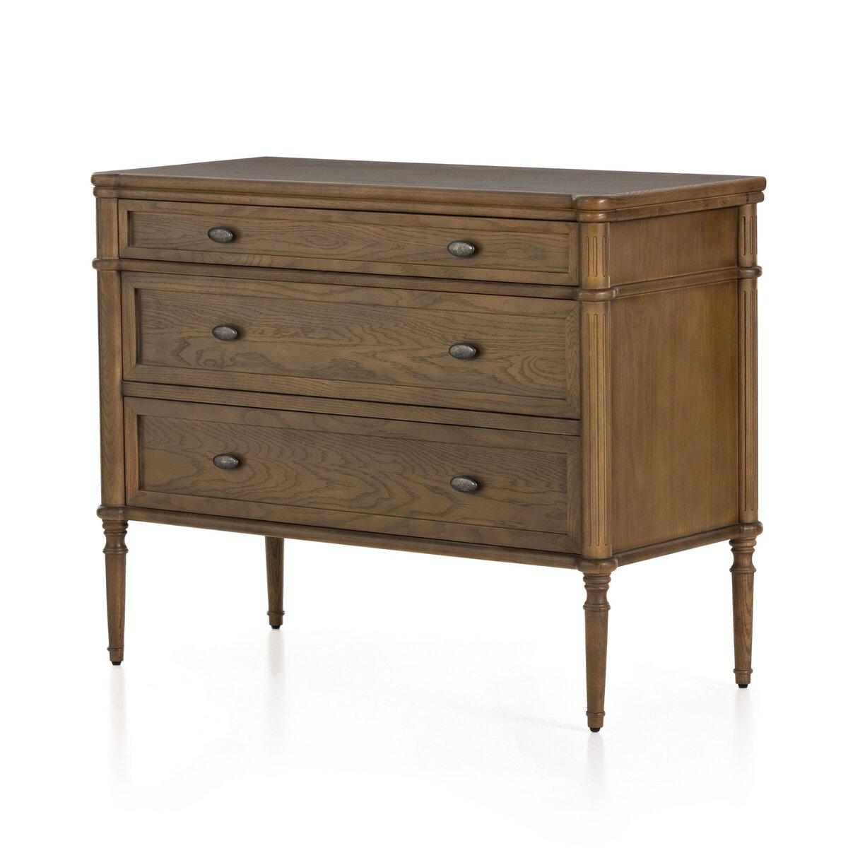 The European 3 Drawer Dresser features a classic design with three drawers, each with two round metal knobs. Inspired by antique European bedroom furniture, it has tapered legs and a natural wood finish.
