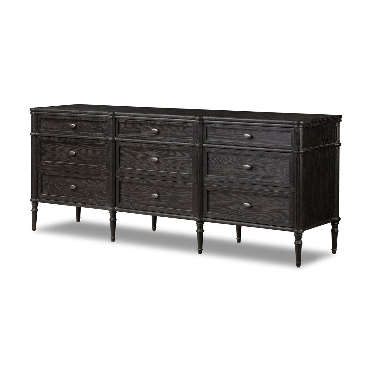 The European 9 Drawer Dresser features dark toasted oak, nine drawers in three columns with round metal knobs, and stands on six slender, turned legs—a modern and elegant addition to any bedroom.