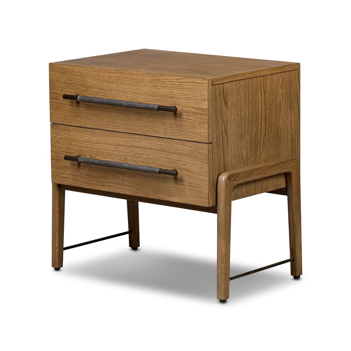 The Oak Nightstand features two horizontal oak drawers with long dark iron handles, four sturdy legs, and a modern minimalist design.