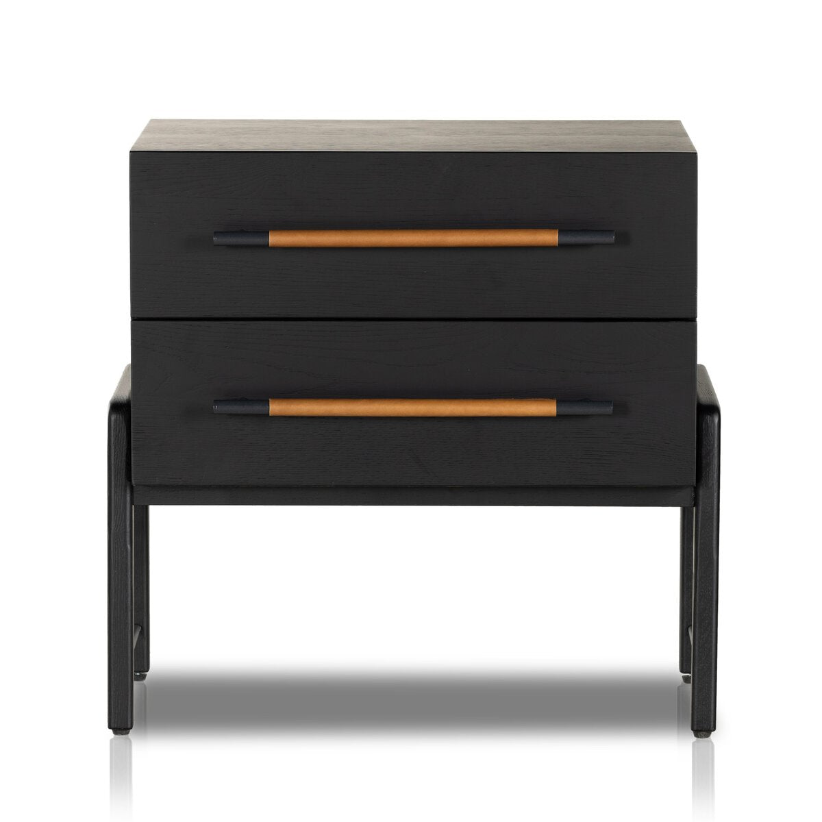 The Oak Nightstand features two spacious drawers with horizontal wooden handles, clean lines, and four straight legs, adding understated elegance and modern style to any room.