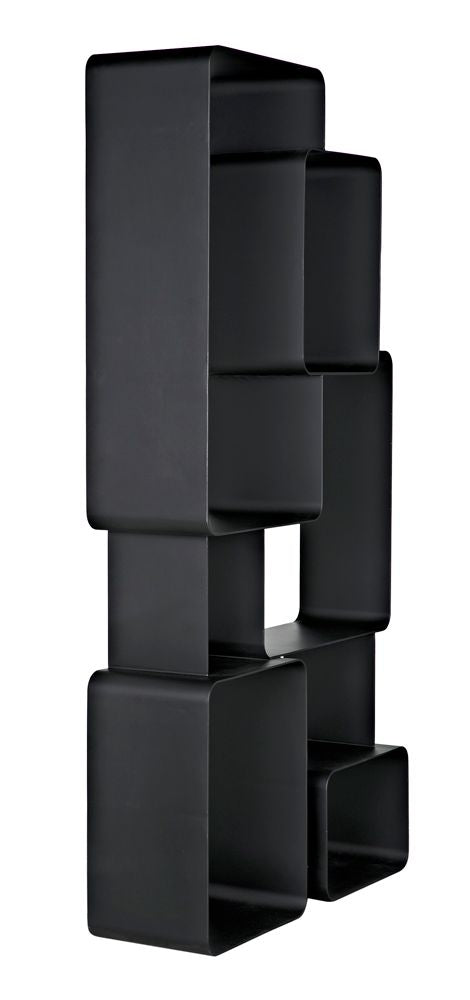 The Larra Bookcase is a modern black modular shelving unit with rectangular compartments in varying sizes, arranged asymmetrically in a geometric design. Visible welding marks showcase its handcrafted metal craftsmanship.