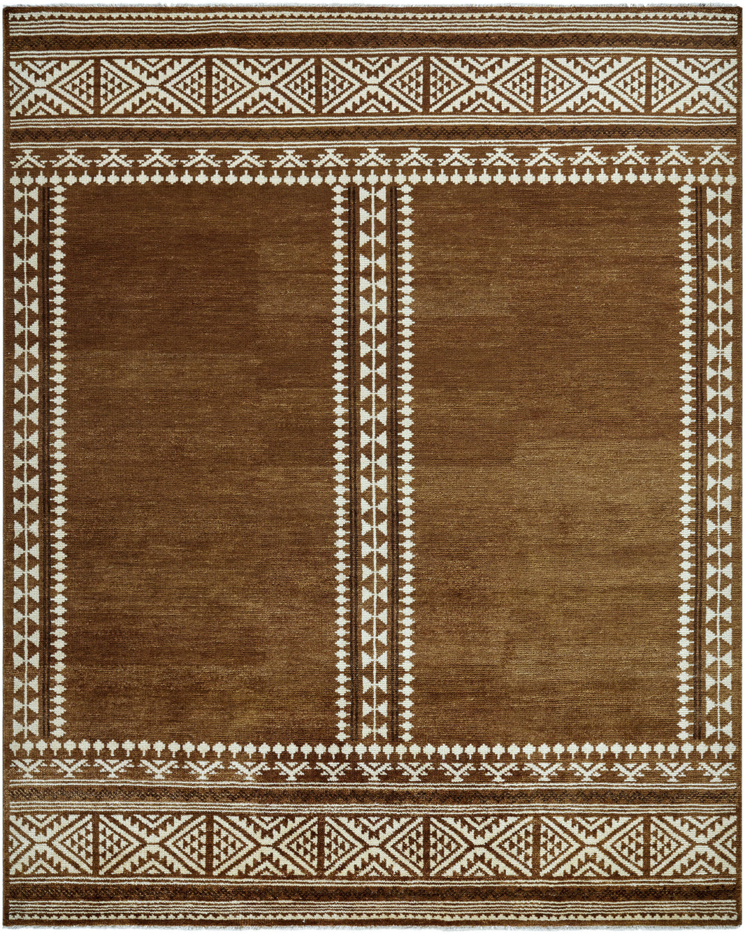 The Brown Tribal Rug (8' x 10') features two vertical panels bordered by white and brown geometric patterns. Intricate diamond and triangle motifs decorate the edges of this hand-knotted wool rug.