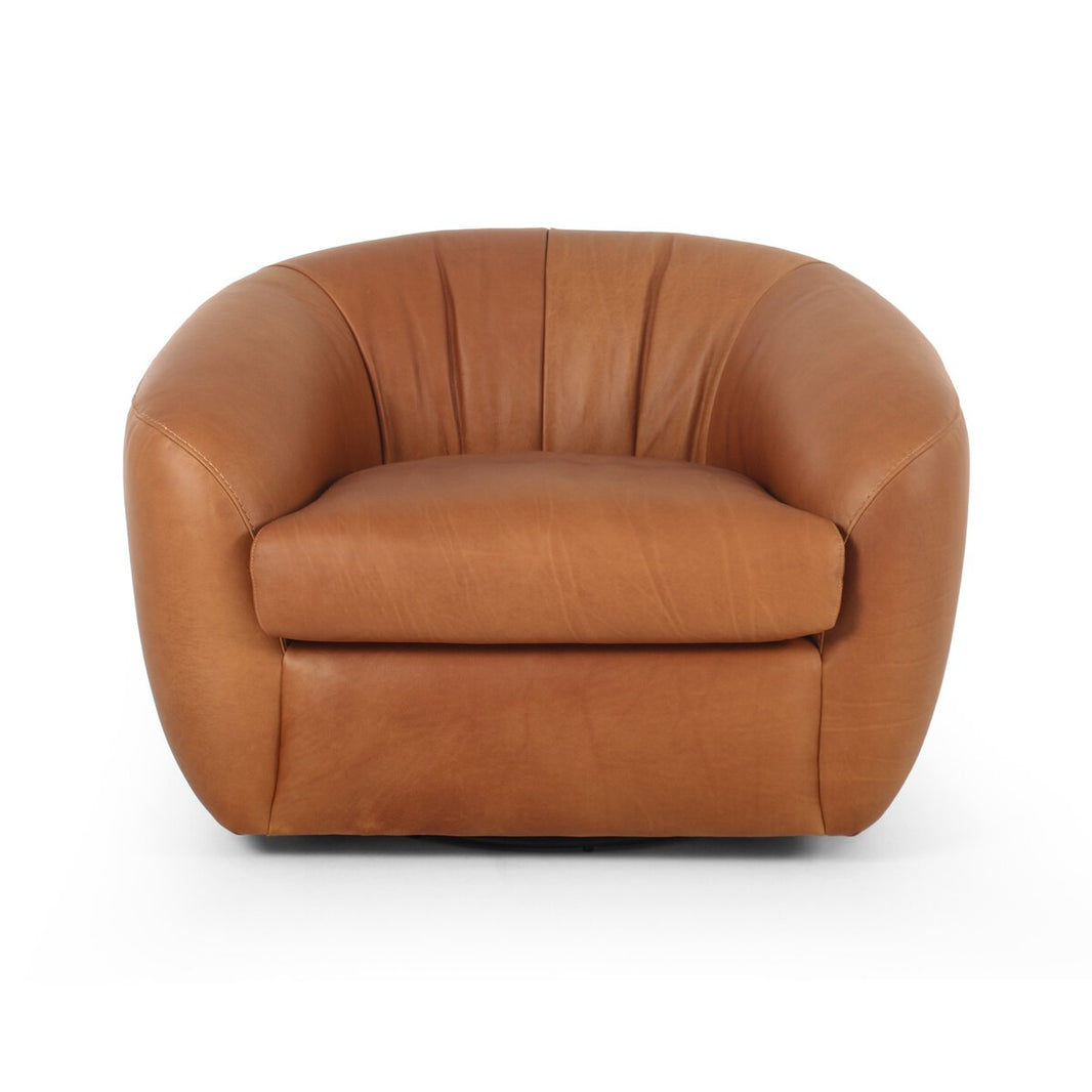 A Cognac Leather Swivel Chair on a white background, measuring 42.00"w x 36.00"d x 28.00"h.