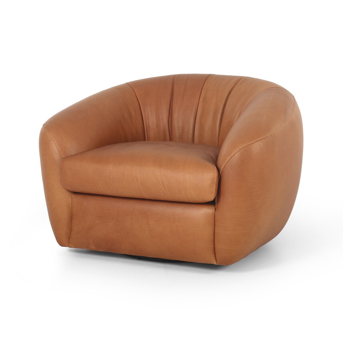 The Cognac Leather Swivel Chair features a modern, rounded design with smooth light brown leather upholstery. Measuring 42.00"w x 36.00"d x 28.00"h, it offers a spacious yet cozy feel against a plain white background.