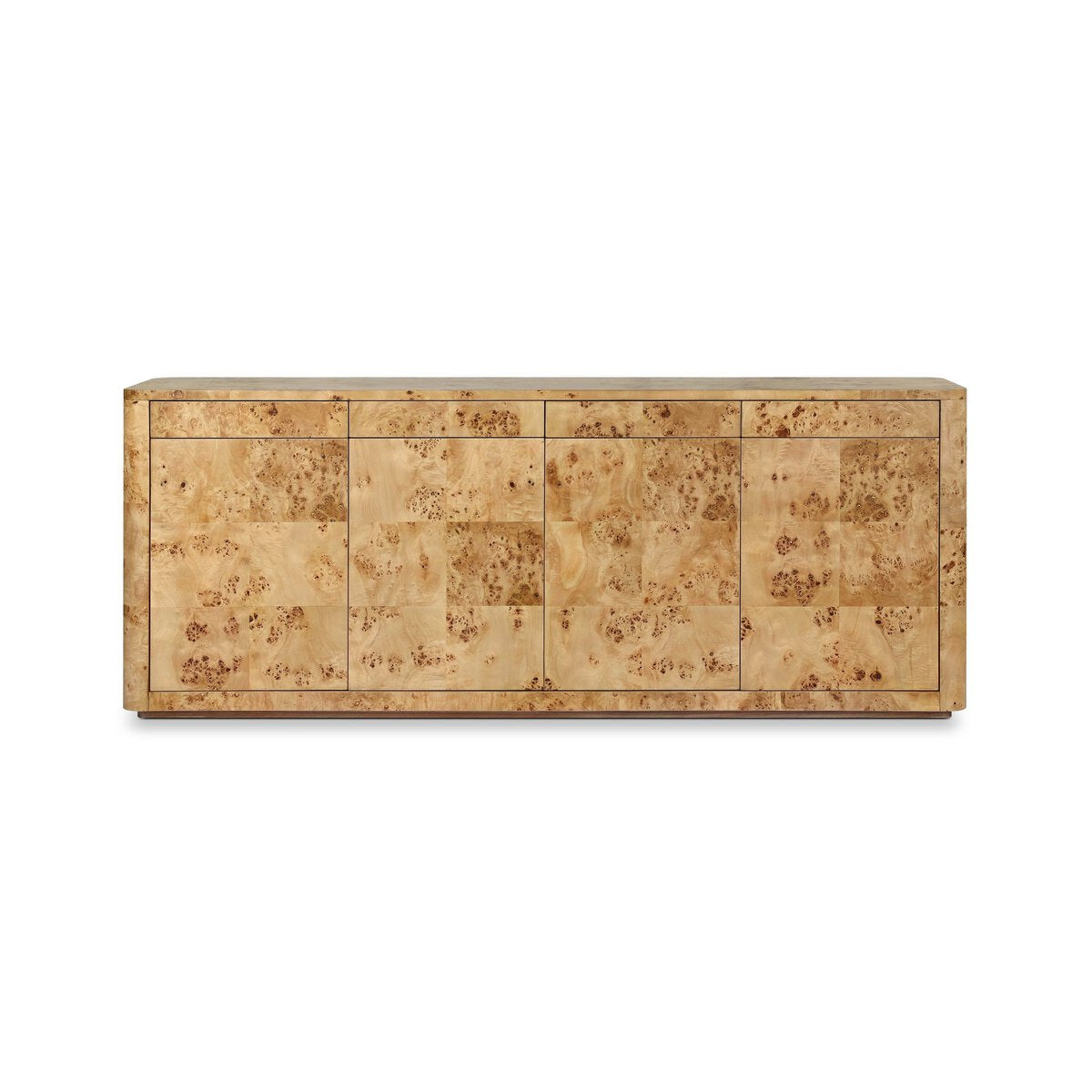 The Mappa Burl Sideboard features a plinth base, light wood veneer with distinctive mottled patterns, four front panels with push-latch doors, and a minimalist, handle-free design.