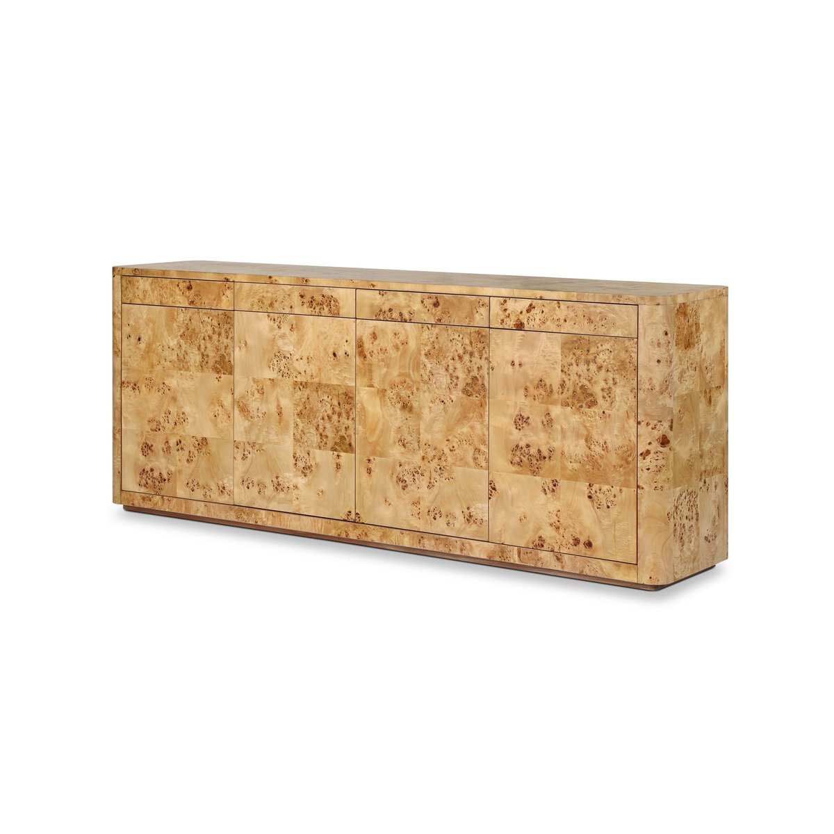 The Mappa Burl Sideboard is a rectangular, plinth-base piece with a glossy light wood veneer, unique burl patterns, four push-latch doors, and a minimalist modern design.