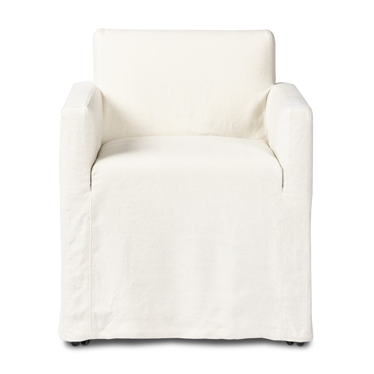 Front view of the Outdoor Slipcover Dining Chair, a modern white armchair with straight arms and a loose design. It features washable hemp upholstery, minimalist style, and small discreet wheels for easy movement.