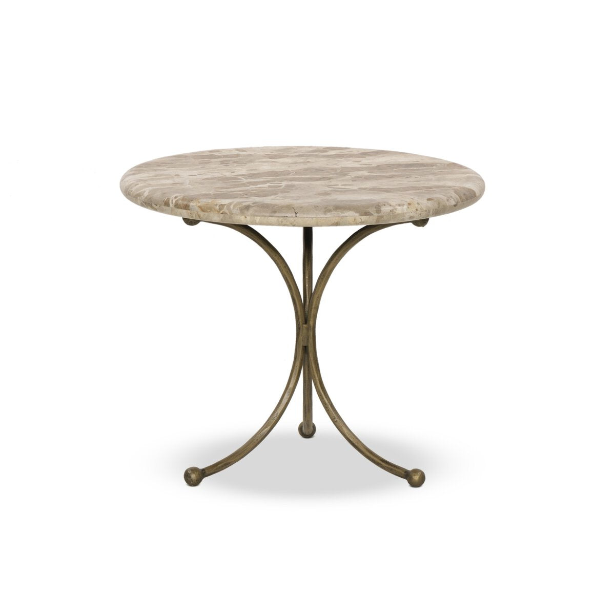 The Sylas End Table features a round, light marble top and a bronze metal base with three curved legs—ideal as a 24-inch end table or compact side table to add style to any space.