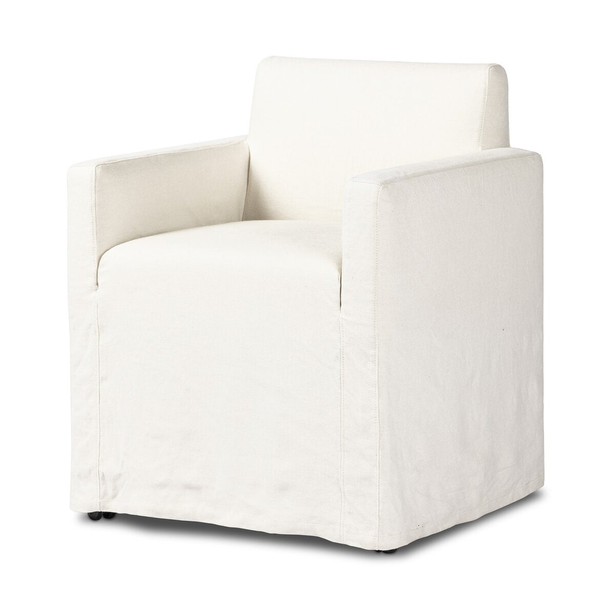 The Outdoor Slipcover Dining Chair, featuring a modern boxy shape with straight arms and a high back, is upholstered in washable hemp fabric for a slipcover style look. Its minimalist, contemporary design is showcased against a white background.