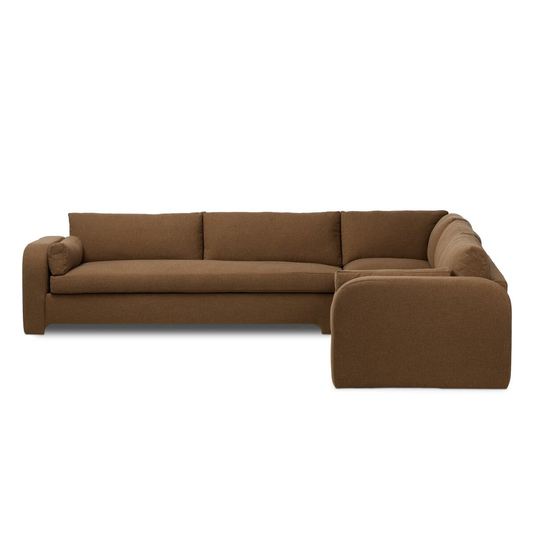 The Arched Arms Sectional is a modern brown L-shaped sofa featuring extra padding, clean lines, three seat cushions, and low-profile armrests, shown against a plain white background.