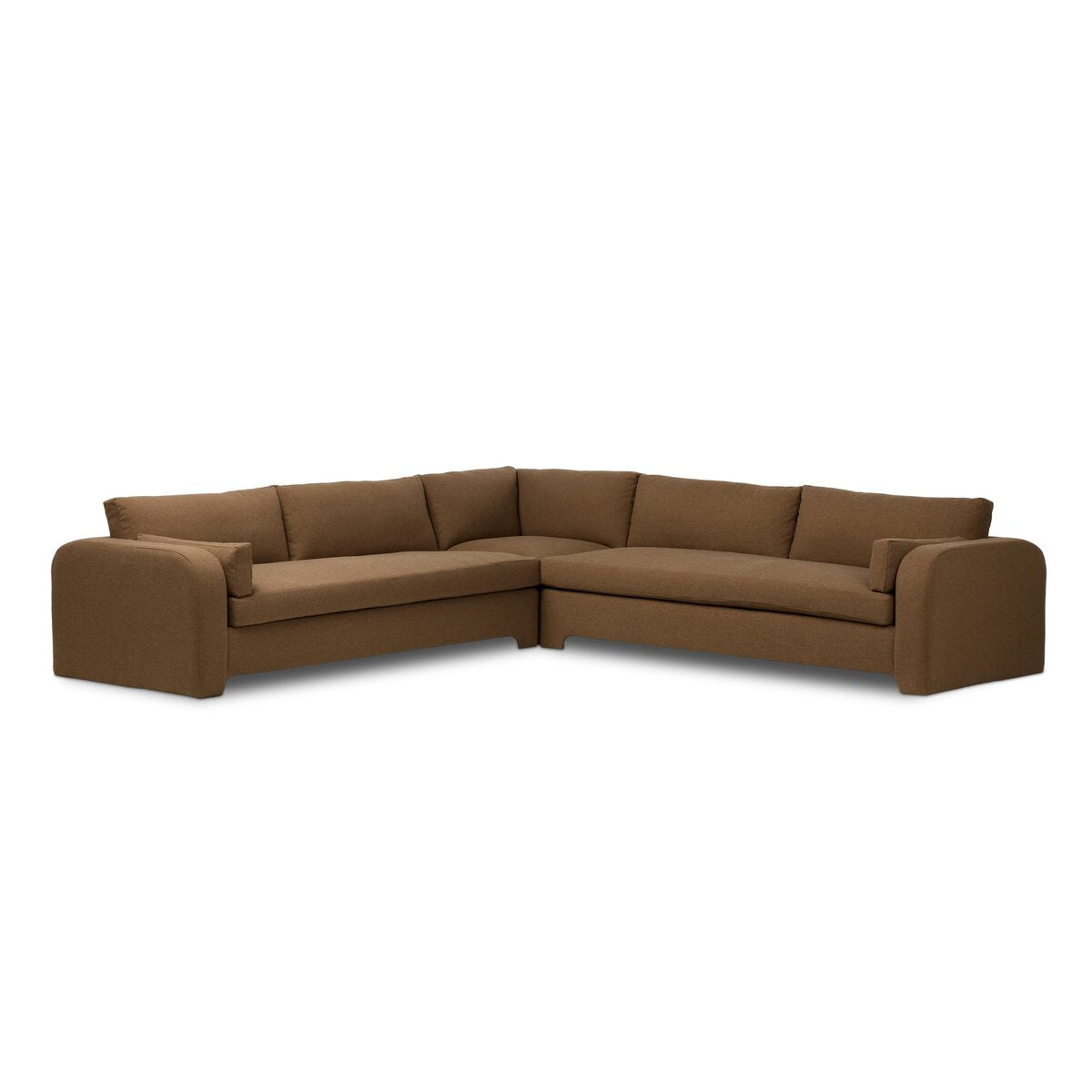 The Arched Arms Sectional is a brown, L-shaped, extra-padded sofa with a modern design, low wide armrests, plush seat and back cushions, and sits on short legs against a plain white background.