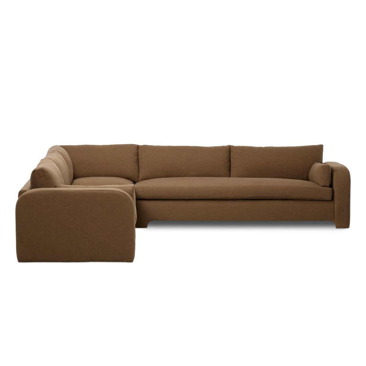 The Arched Arms Sectional is a brown, L-shaped sofa with a double-arm design and plush cushions for extra comfort, featuring a modern, minimalist style against a plain white background.