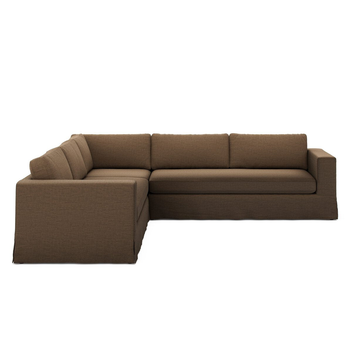 The Draped 3pc Sectional is a brown L-shaped sofa with clean lines, an oversized bench cushion, thick seats, and a low backrest, shown against a white background.