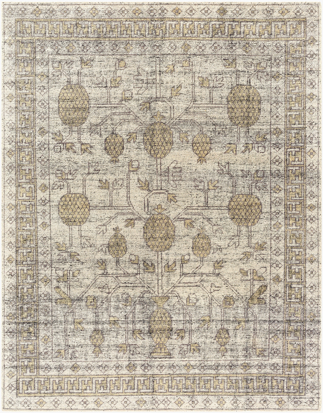The Patterned 100% Wool Rug - 8'x10' features a beige background with intricate geometric and floral motifs in brown and gold, a decorative border, symmetric tree-like center designs, and is available in various sizes.