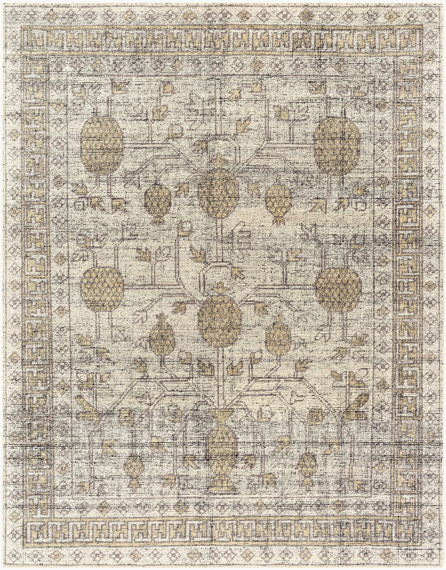 The Patterned 100% Wool Rug - 8'x10' features a beige background with intricate geometric and floral motifs in brown and gold, a decorative border, symmetric tree-like center designs, and is available in various sizes.